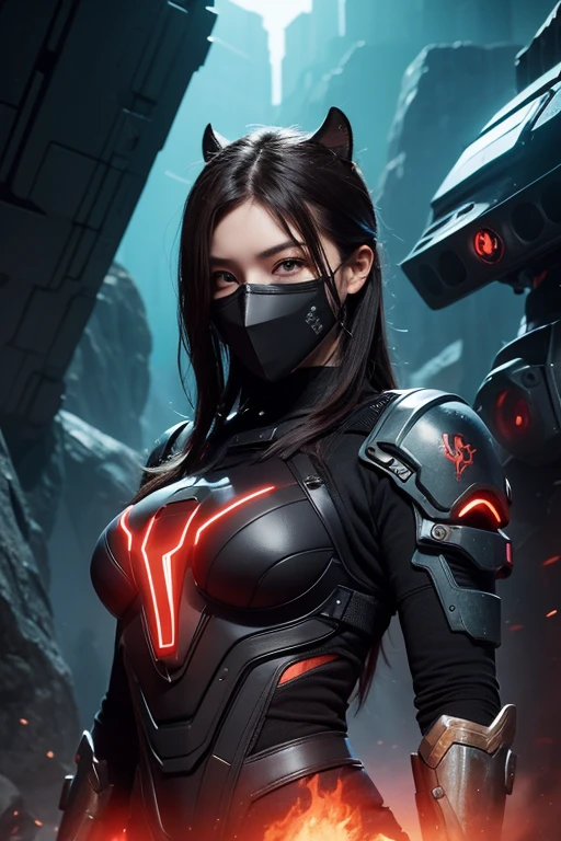 Charismatic woman [Gunner: bounty hunter: 0.4] Stand in the middle of a sci-fi wilderness (Cube Style: 1) Body Portrait、Mask、Show your true face