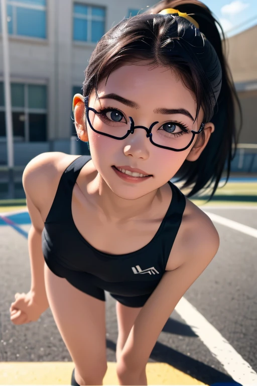 Sports competitionsの日、Sports competitions、gallery、Students cheering、女子100 m競走、((highest quality:1.4、8k、32k、Hmph:1.3))、(An unparalleled masterpiece)、((RAW Photos、realism:1.6))、Japanese Girls、Outdoor,playground,Schoolyard,Schoolyard,(physical education:1.3),(Per class:1.3)Girl smiling at the camera、Dynamic pose、(Sports competitionsの日、100 m走、running)、Dynamic Angle、School gym clothes、Bloomers、(Huge breasts:0.5、thin abdomen、The lower body is thin)、Ulzzang-6500-v1.1、Teenage Girls、Highly detailed face、Fine grain、Round face、Baby Face、Detailed Iris、double eyelid、(((Glasses、Long black hair、High up ponytail)))、Photon Mapping、Detailed skin texture、100 m,From head to toe:1.5,