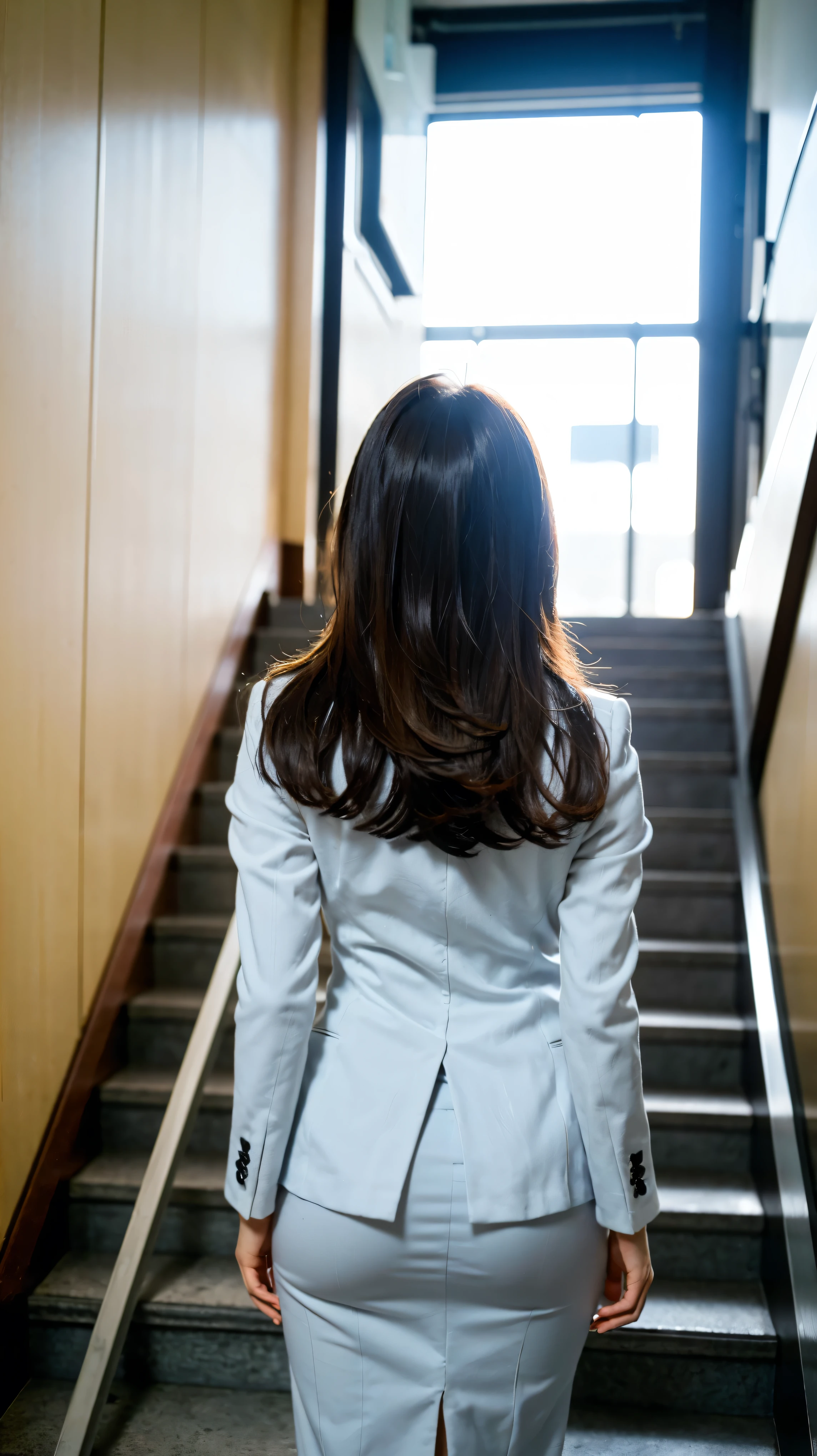 (masterpiece:1.3), (8k, Realistic, Raw photo, highest quality: 1.4), (Medium Hair:1.3),Ultra High resolution, Ultra-realistic, High resolution, office lady, skirt、Long Hair, Angle from below:1.5, back of head:1.5、Climbing the stairs to the office:2、Put your hands on your buttocks:1.5、Back view:1.5、blazer:1.5、Angry