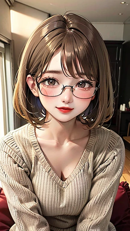 1 female, /(Tight sweater/) V-neck, Mature Woman, /((((short hair、Light brown hair、Blonde hair)))) Beautiful forehead, Stylish Glasses、Large Breasts、Bright red lips、A gentle blushing smile, (Masterpiece of the highest quality:1.2) Delicate illustrations, super detailed, /(Modern house living room/) indoor