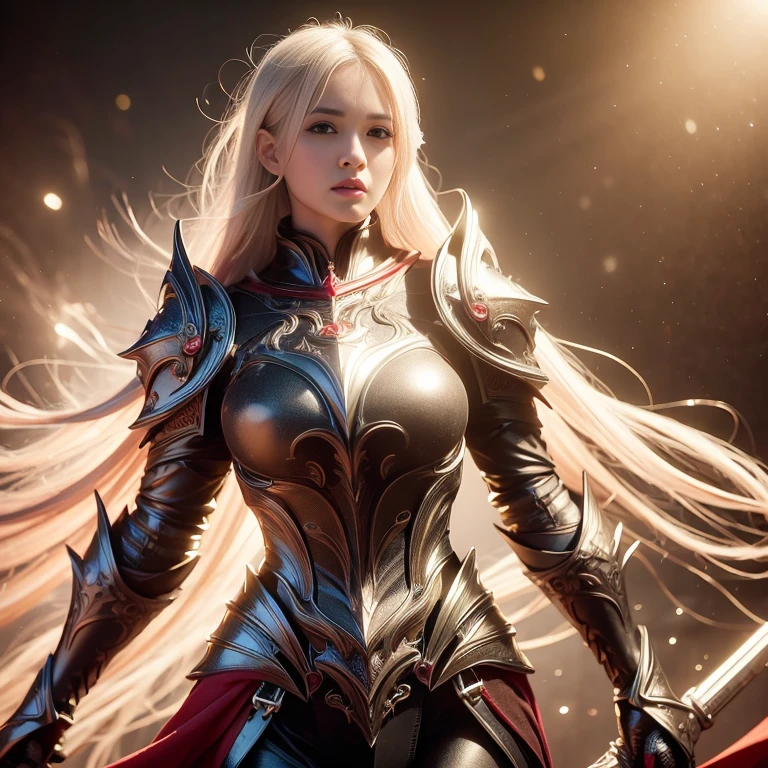 extremely beautiful young lady, subtle makeup, photorealistic, high contrast, 8k HD, detailed, hyper-detailed, realistic skin texture,
long hair, white hair, big breast, perfect nose, best quality, ultra high res, raw photo, dramatic lighting, unreal engine, diffuse glow, white full body knight armor, cape, stylish pose, medieval theme