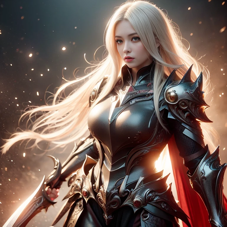 extremely beautiful young lady, subtle makeup, photorealistic, high contrast, 8k HD, detailed, hyper-detailed, realistic skin texture,
long hair, white hair, big breast, perfect nose, best quality, ultra high res, raw photo, dramatic lighting, unreal engine, diffuse glow, white full body knight armor, cape, stylish pose, medieval theme