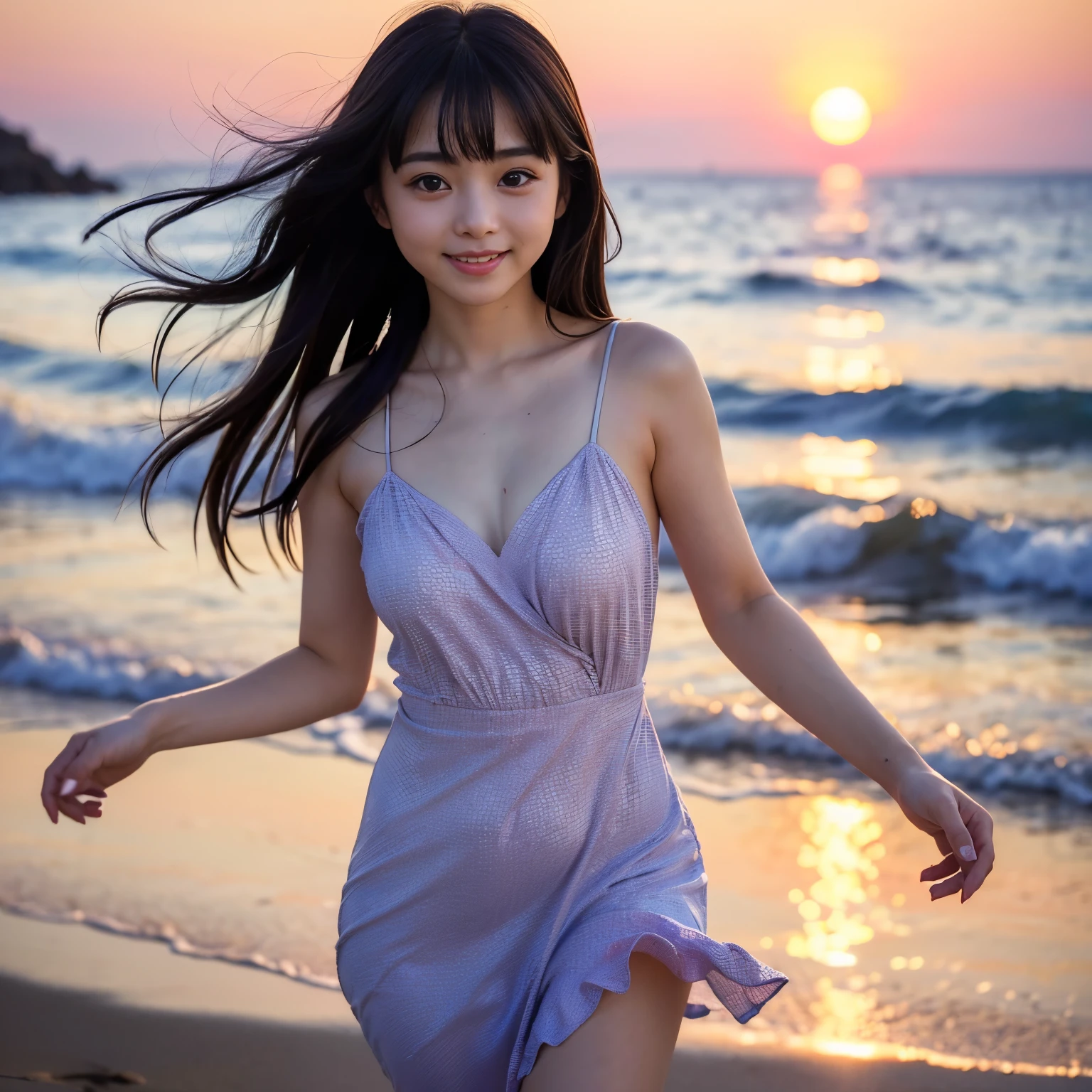 ((Best-quality, Masterpiece, Ultra-High-Resolution, (Photorealistic:1.4), Raw Photo, depth of field, professional lighting, perfect anatomy, extremely details, perfect face, perfect body, perfect hair, perfect hands, perfect fingers)), 1girl, the most famous Japanese idol, walking along summer beach with sunset, (wearing summer dress with cute-design), serene beach and sunset in background, (extremely cute face like the most popular Japanese idol, ((extremely cute and extremely big eyes)), extremely cute hair, extremely beautiful skins, extremely cute ish-body, extremely cute thighs), looking at viewer, innocent smile