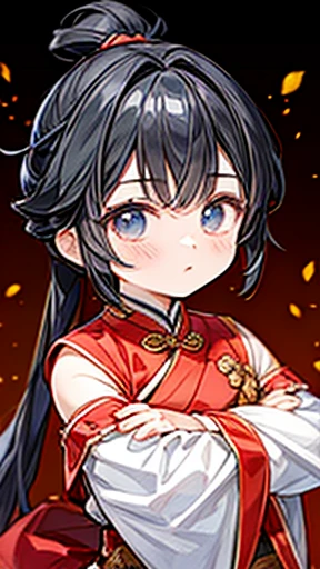 Three Kingdoms、Boy in ancient Chinese costume、Intelligent boy、Looking into the camera、There is a topknot on the head、Hanfu、Black Hair、Standing and posing with arms crossed、Long sleeve