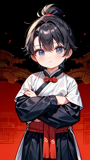 Three Kingdoms、Boy in ancient Chinese costume、Intelligent boy、Looking into the camera、There is a topknot on the head、Hanfu、Black Hair、Standing and posing with arms crossed、Long sleeve