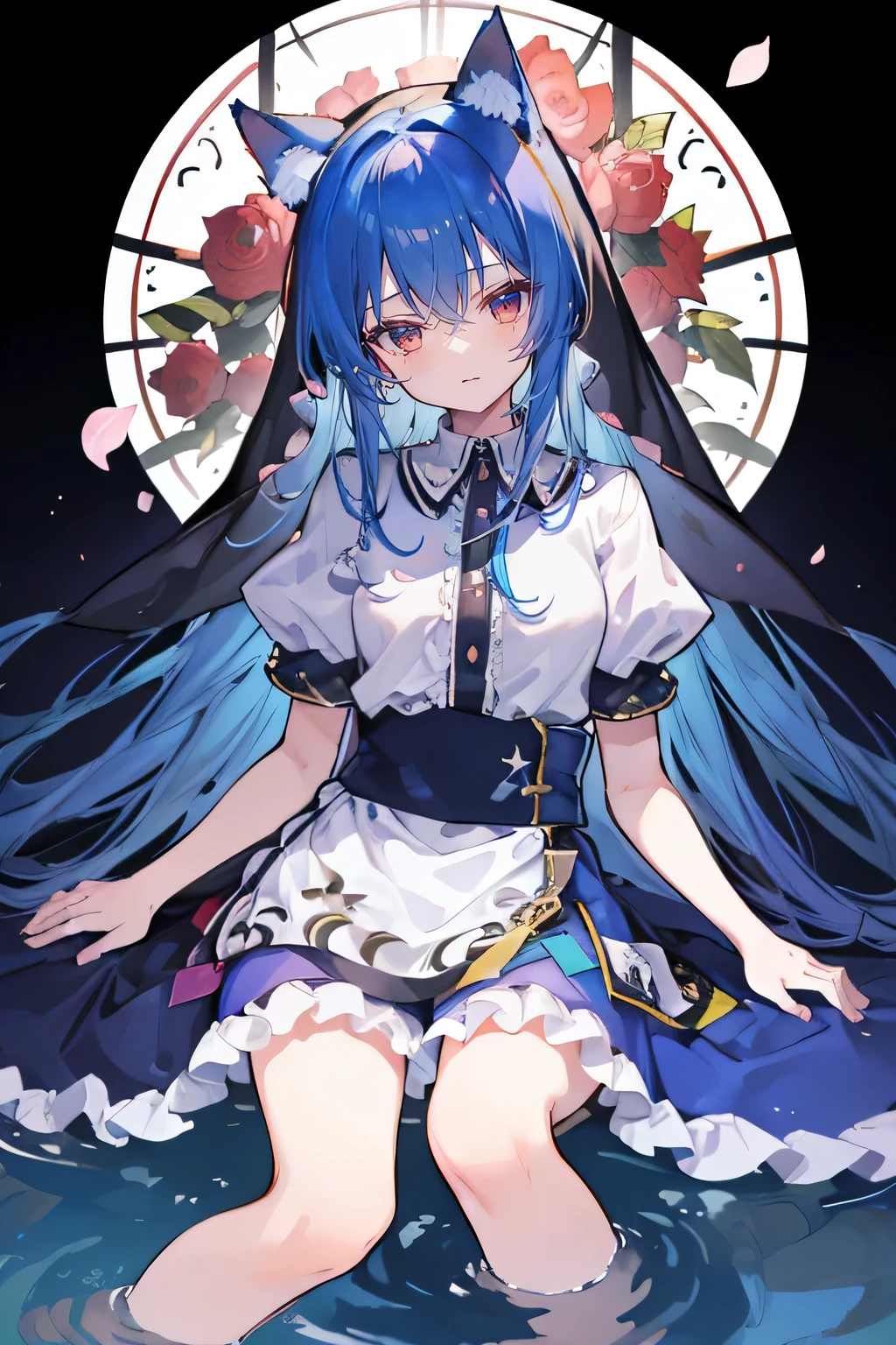 (masterpiece:1.2),Extremely detailed,Practical,expressive eyes,Fair skin,Perfect face shaping,1 Girl,
Japanese cartoons,Gorgeous blue hair, the long flowing blue hair,Floating clothes,Cat ears,Petals fall,beautiful lola,Young Angel,
Place your hands on your waist,sit elegantly on the ground,Cross your legs,Gentle and peaceful background,stately church,nun,lie on the water. 