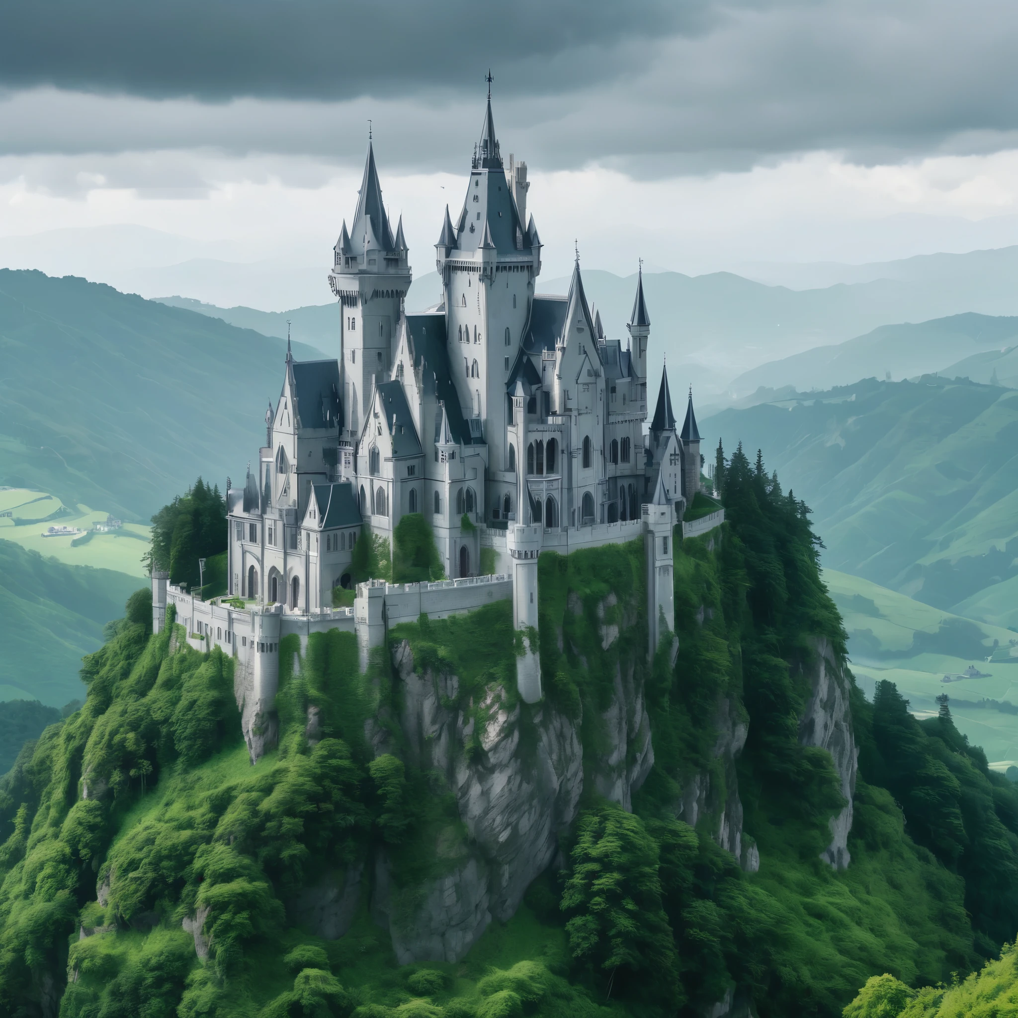 a large castle sitting on top of a lush green hillside, a photo of sephiroth, trending on artstattion, dark gothic cathedral, wlop : :, by Xiao Yuncong, panoramic, in their noble mansion, dezeen, by Luis Miranda, octopath traveler, ratio 16:9, holy ceremony, gray stone, washington
