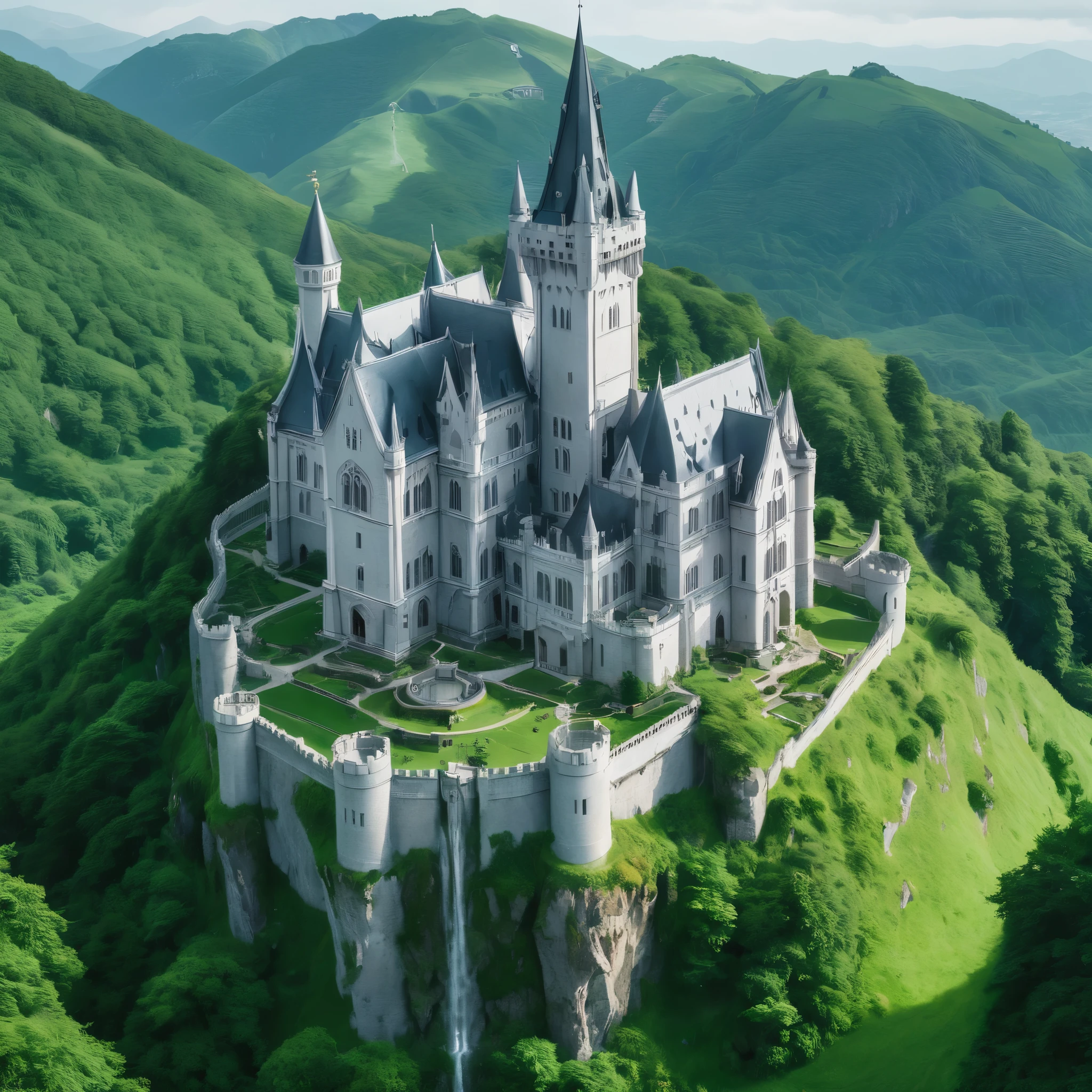 a large castle sitting on top of a lush green hillside, a photo of sephiroth, trending on artstattion, dark gothic cathedral, wlop : :, by Xiao Yuncong, panoramic, in their noble mansion, dezeen, by Luis Miranda, octopath traveler, ratio 16:9, holy ceremony, gray stone, washington