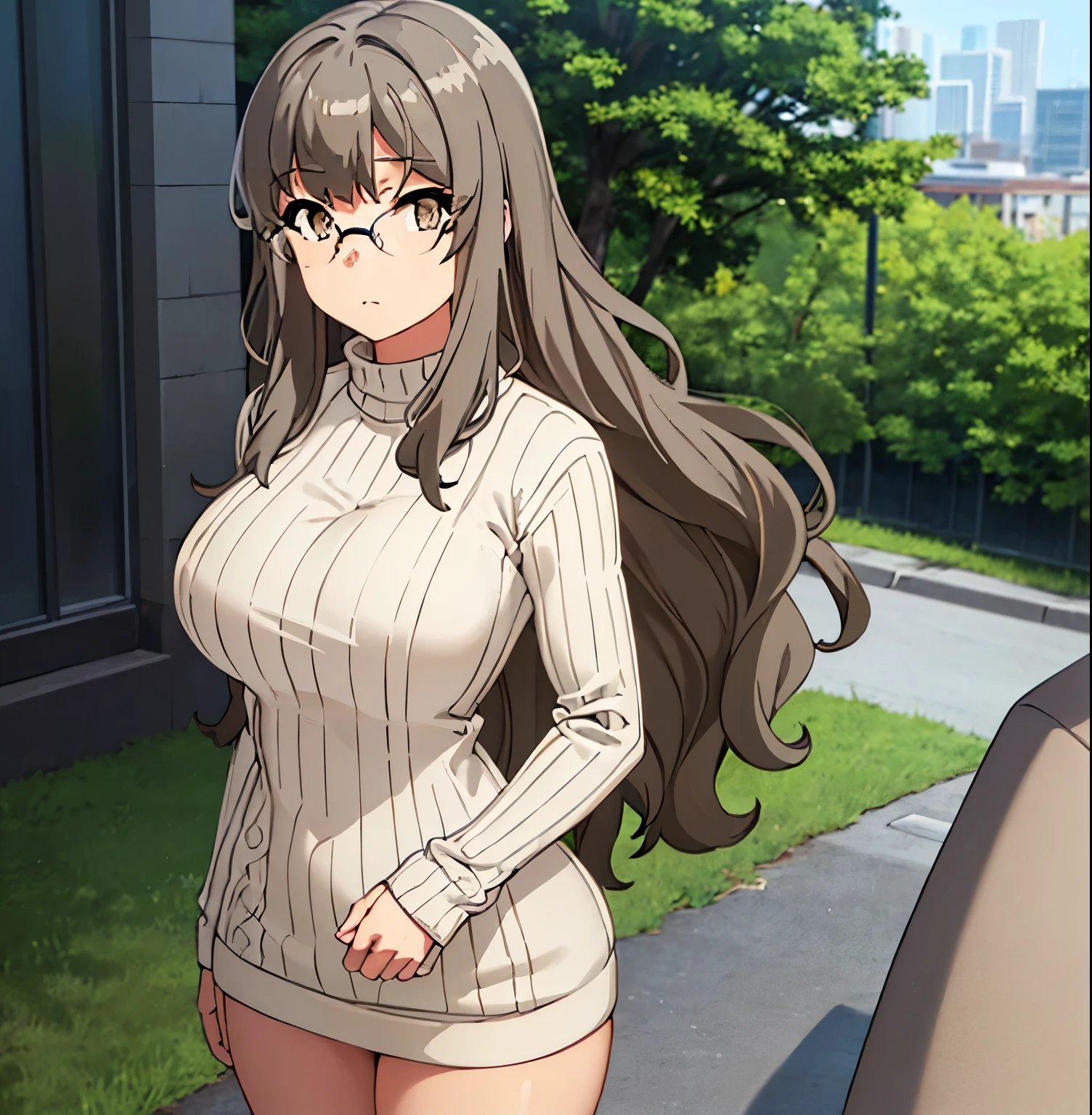 1 girl, alone, futaba river, masterpiece, best quality, realistic, (facing viewer: 1.2), front, point of view (from below), exterior, city, street, standing, detailed background, heavy breathing, blush nose, ( perky: 1.1), long hair, brown hair, brown eyes, glasses, ultra detailed masterpiece, sexy body, huge breasts, medium waist, wide hips, medium thighs, round butt, (beige ribbed sweater: 1.4 ), bare shoulders, bare back, brown shoes, perfect anatomy, perfect hands