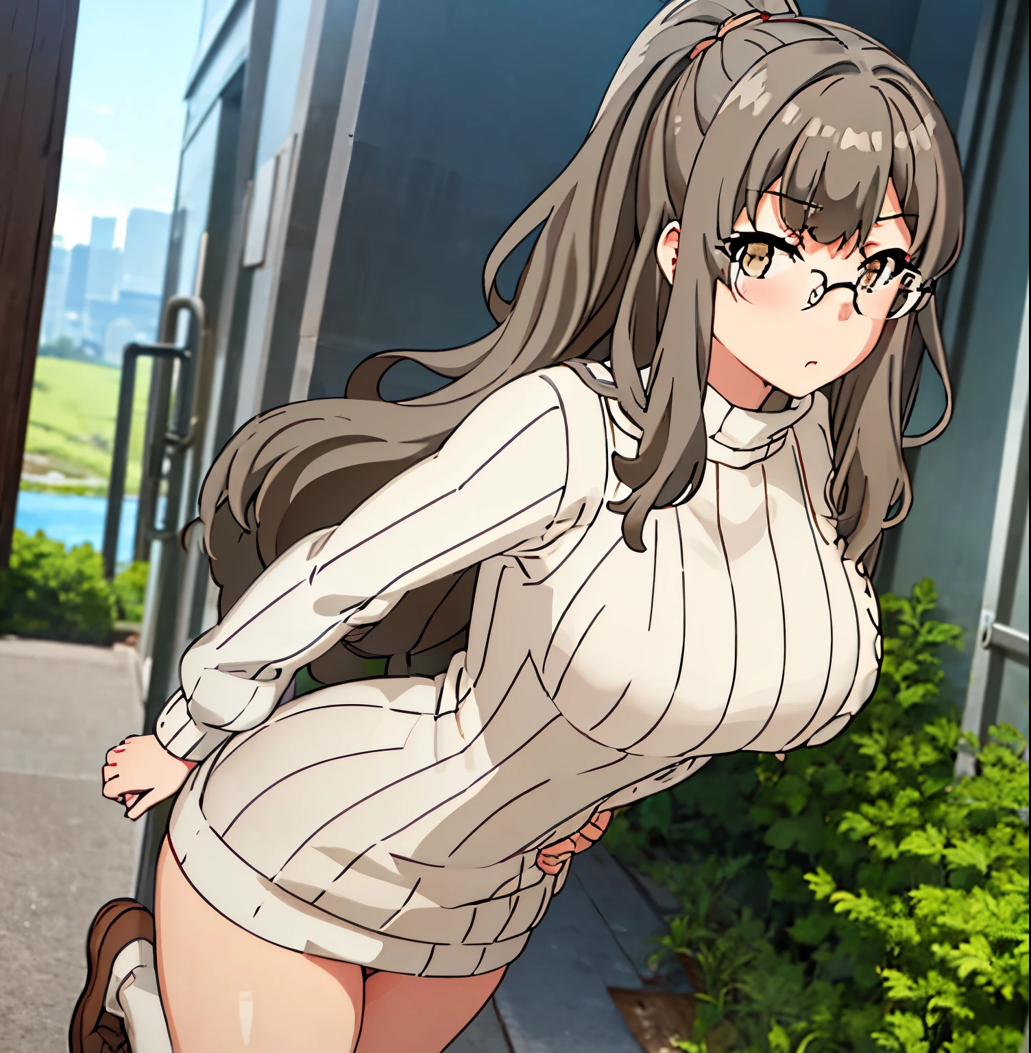 1 girl, alone, futaba river, masterpiece, best quality, realistic, (facing viewer: 1.2), front, point of view (from below), exterior, city, street, standing, detailed background, heavy breathing, blush nose, ( perky: 1.1), long hair, brown hair, brown eyes, glasses, ultra detailed masterpiece, sexy body, huge breasts, medium waist, wide hips, medium thighs, round butt, (beige ribbed sweater: 1.4 ), bare shoulders, bare back, brown shoes, perfect anatomy, perfect hands