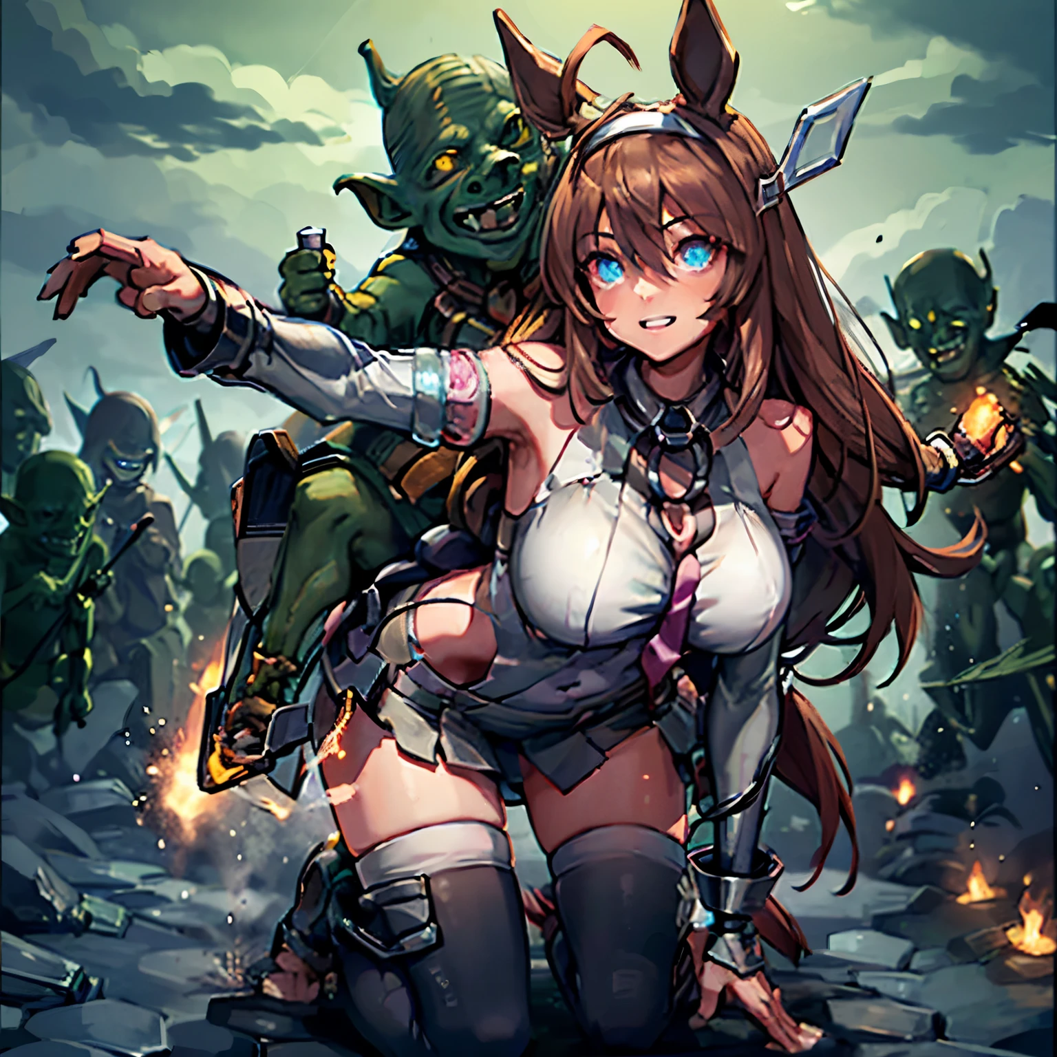 masterpiece, (((goblinriding, a goblin is riding a girl))), goblin, mutiple goblins, goblins, (((all fours))), 1girl, (leotard:1.1), (nose hook), reins, collar, chain, rope, obey, happy trance, smile, hair ornaments, expressionless, emotionless, blank eyes, empty eyes, mind control, apocalyptic background, monster, glowing eyes, horror, goblin gangbang, huge breast, Large Breast, MihonoBourbon, mihono bourbon \(umamusume\), mihonobourbon, ahoge, hairband, horse ears, horse tail, white leotard, necktie, detached sleeves, miniskirt, white thighhighs