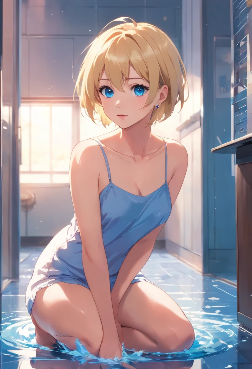 17 years old Women, ((Blonde)), ((Blue eyes)), ((Short hair)), ((Full shot)), very detailed makeup, pale pink lipstick, long earrings, bare shoulders, Posing super sexy and hot alone with a small sheet covering her body ((Full Body)) ((wet floor))