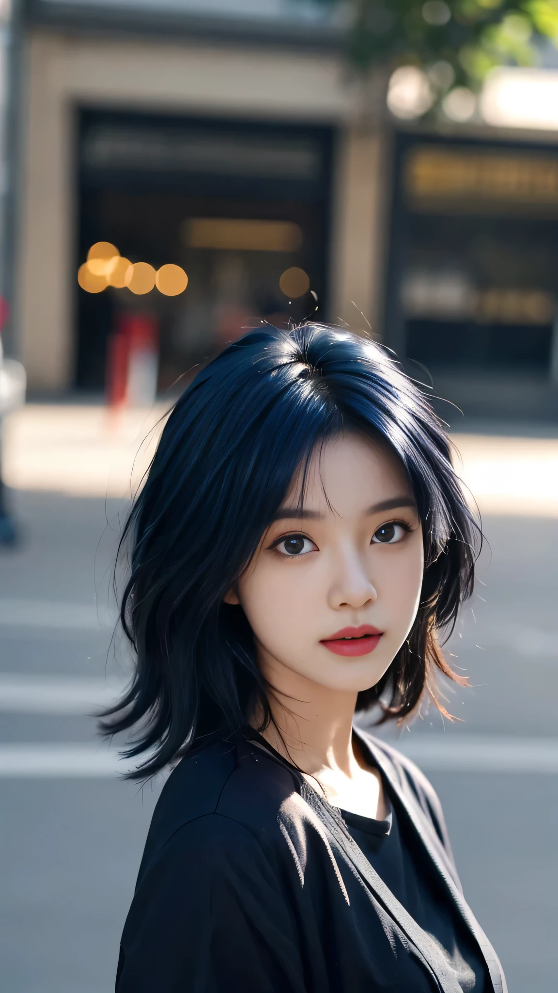 masterpiece, top-quality, 1 beautiful girl, (Detailed beautiful eyes), ((Detailed skin)) , ((Detailed medium dark blue hair )), A beautiful girl in clothings colorful style hiphop, CG rendering, Blurred background, deep shadow, 16K, bokered, Very detailed, wallpaper, depth of field, movie light, Ray tracing.