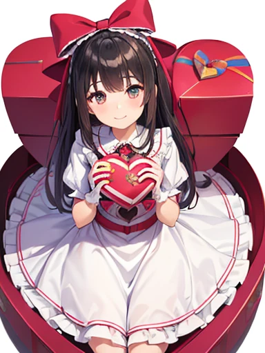 (from the front:1.5), From above, One girl, Idol costumes with frills, Sit on the ground, (Giant heart gift box on chest:1.3), smile, (pubic hair), Simple white background, (masterpiece, highest quality, High resolution:1.3), Perfect Anatomy