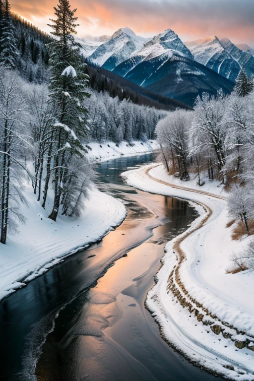 RAW,landscape,snow,river,UHD,8k,Detailed Details,Best quality,Perfect color matching,Sense of atmosphere,Masterpieces shot by international photography masters,National Geographic Photography Award Winners