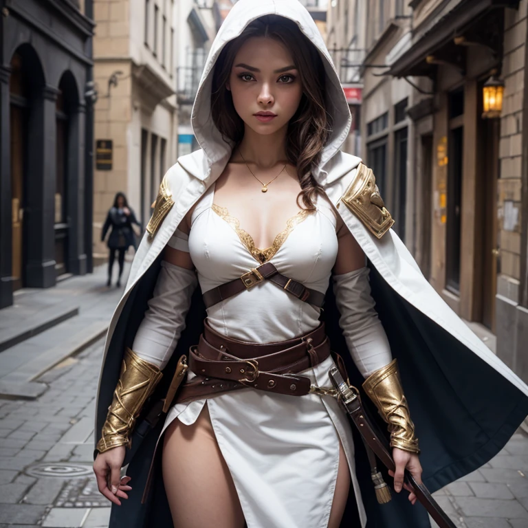 A full-body shot of Princess Zelda, brown hair, blue eyes, dressed as an Assassin from Assassins Creed, in white+gold witha white mask and hood with gold details, XL bust, using a wrist blade. Background: A city during the renaissance period. Unreal Engine 5, Anime, Anime style, Masterpiece, Well drawn eyes, well drawn face, well detailed eyes, well detailed face, 8k, light and shadow effect.