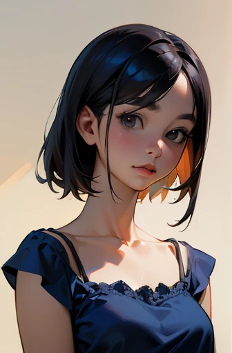 (masterpiece, best quality:1.4), 8k, 85mm, official art, absurdres, (downblouse:1.2), (from above:1.1), violaceaess, cute face, beautiful eyes, camisole, upper body, looking at viewer, short hair, bangs, small head, (smile:0.6), sharp focus, facelight, dynamic lighting, cinematic lighting, dramatic shadow, perspective, depth of field, highres, ultra detailed, finely detail, extremely detailed, detailed eyes and face, sharp pupils, realistic pupils, simple background, small waist, flare skirt