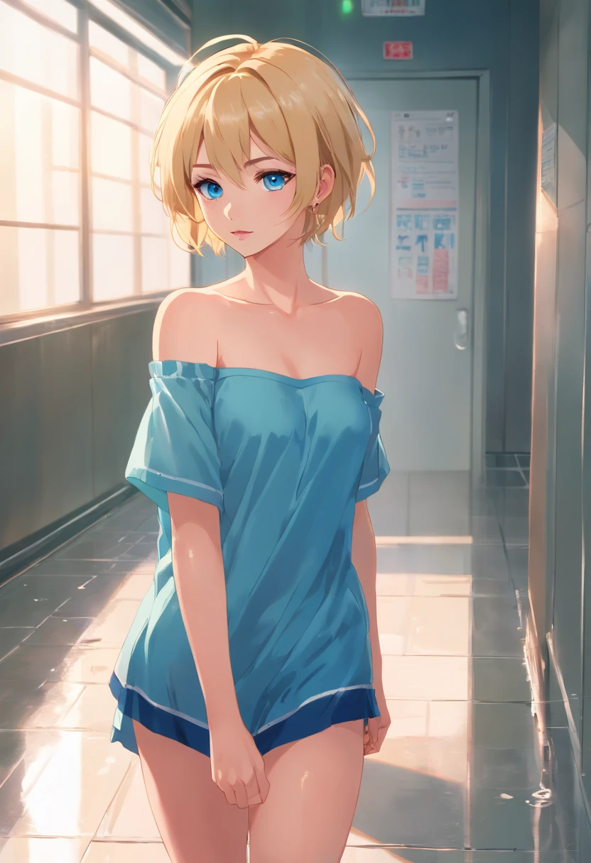 17 years old Women, ((Blonde)), ((Blue eyes)), ((Short hair)), ((Full shot)), very detailed makeup, pale pink lipstick, long earrings, bare shoulders, Posing standing super sexy and hot alone with a small sheet covering her body ((Full Body)) ((wet floor))