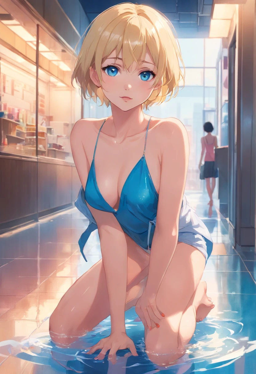  Women, ((Blonde)), ((Blue eyes)), ((Short hair)), ((Full shot)), very detailed makeup, pale pink lipstick, long earrings, bare shoulders, Posing standing super sexy and hot alone with a small sheet covering her body ((Full Body)) ((wet floor))