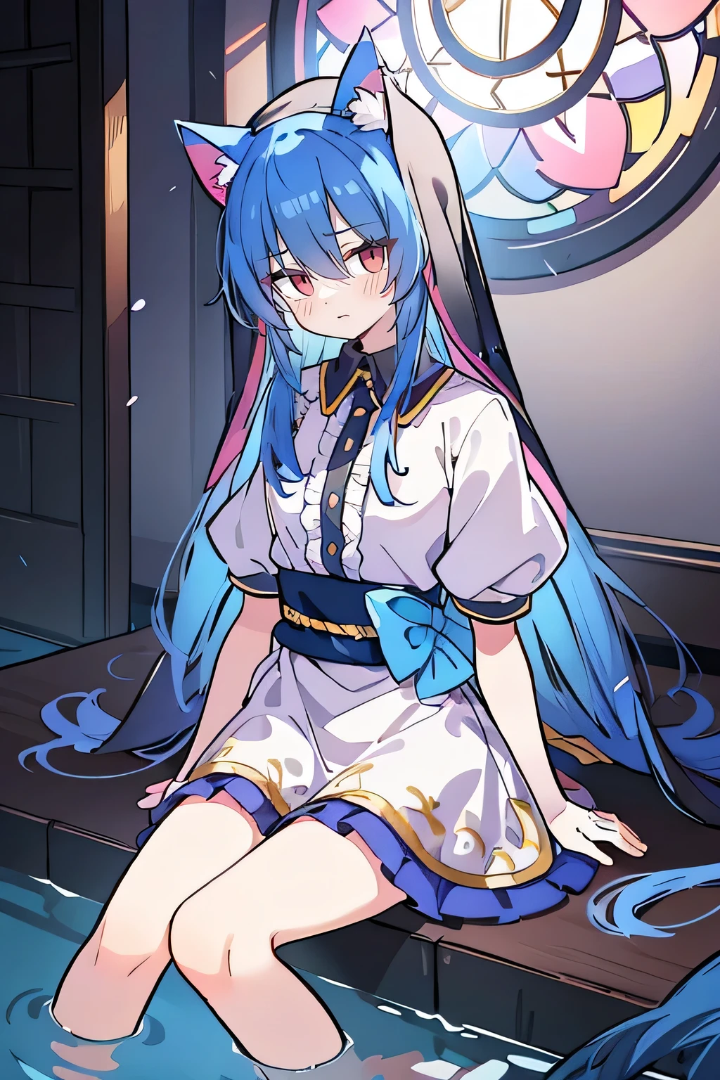 (masterpiece:1.2),Extremely detailed,Practical,expressive eyes,Fair skin,Perfect face shaping,1 Girl,
Japanese cartoons,Gorgeous blue hair, the long flowing blue hair,Floating clothes,Cat ears,Petals fall,beautiful lola,Young Angel,
Place your hands on your waist,sit elegantly on the ground,Cross your legs,Gentle and peaceful background,stately church,nun,lie on the water. 