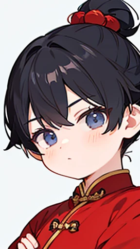 Three Kingdoms、Boy in ancient Chinese costume、Intelligent boy、Looking into the camera、There is a topknot on the head、Hanfu、Black Hair、Standing and posing with arms crossed、Long sleeve