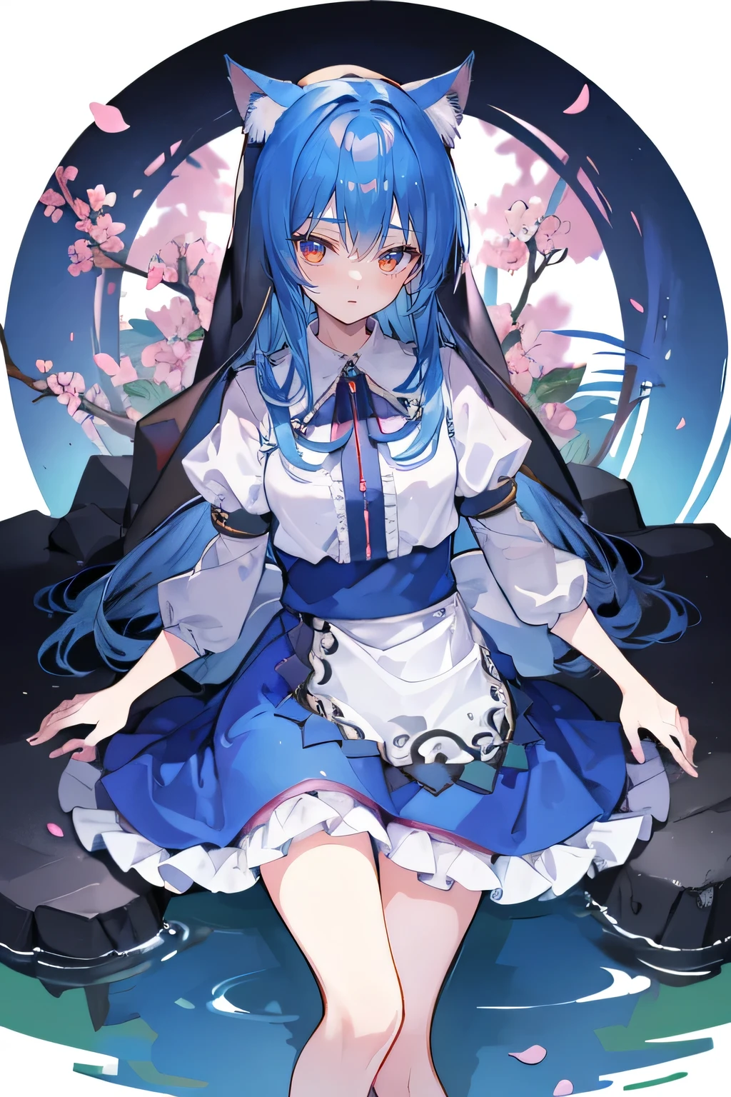 (masterpiece:1.2),Extremely detailed,Practical,expressive eyes,Fair skin,Perfect face shaping,1 Girl,
Japanese cartoons,Gorgeous blue hair, the long flowing blue hair,Floating clothes,Cat ears,Petals fall,beautiful lola,Young Angel,
Place your hands on your waist,sit elegantly on the ground,Cross your legs,Gentle and peaceful background,stately church,nun,lie on the water.
