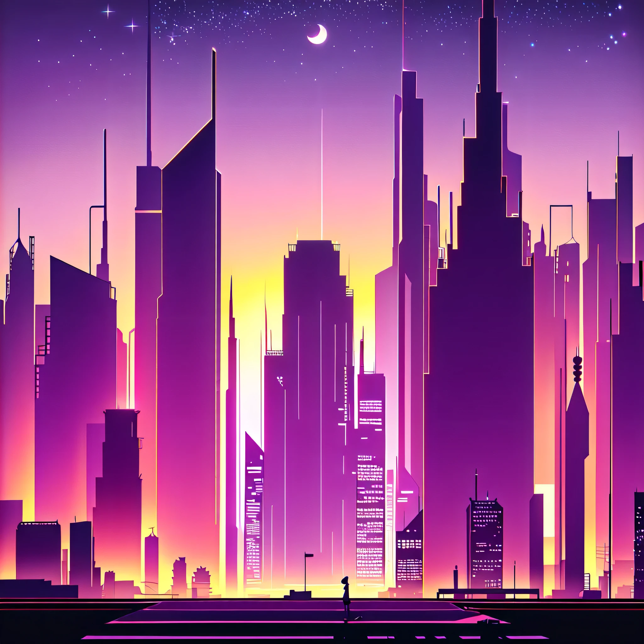 Best quality,masterpiece,ultra high res,no humans,sky,star (sky),purple sky,starry sky,cityscape,scenery,moon,night,outdoors,building,city,night sky,red sky,sunset,skyscraper,gradient sky,cloud,purple theme,
