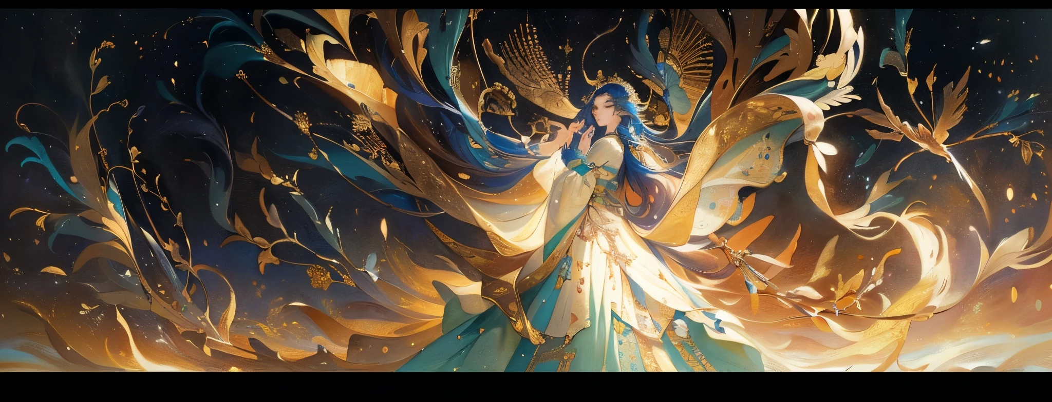 There is a painting depicting a desert scene,There is a clock and a person in the painting, A beautiful artistic illustration, Wei Weide! cmyk color palette, Wei Weide style, Inspired by Victor I, botticelli and Wei Weide, Wei Weide and surrealism, high detailed official art works, official art works, Korean new art style animation
