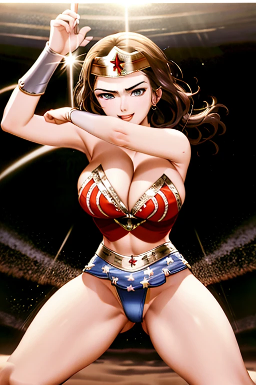 masterpiece, best quality, beautiful art, high resolution, well formed hands, body and fingers, 1 woman, solo, Kate Upton, wearing Lynda Carter's Wonder Woman outfit,tiara ,adult, big breasted, cleavage, full body, sexy and skimpy outfit , gorgeous legs and thighs , she is fighting in a combat match, showing her fighting skills, making her guard, about to hit the viewer, looking at the viewer, sweating, bouncing breasts, smiling joyfully and brightly, being confident and proud, action and fighting scene, martial arts tournament with beach environment