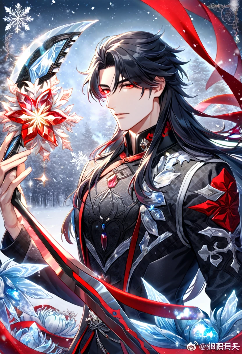 (absurdres, highres, ultra detailed, HDR) master piece, best quality, Blade, black long hair, without bangs, expressive red eyes, honkai star rail, solo, sexy man, handsome, black clothes, patterns, magical fantasy, ice butterflies, glittering, sparkling, winter, snowing, snowflakes, ice spider lilies, gemstones