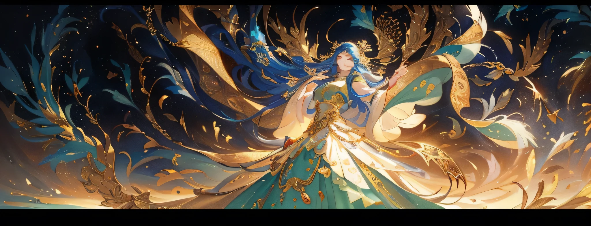 There is a painting depicting a desert scene，There is a clock and a person in the painting, A beautiful artistic illustration, Wei Weide! cmyk color palette, Wei Weide style, Inspired by Victor I, botticelli and Wei Weide, Wei Weide and surrealism, high detailed official art works, official art works, Korean new art style animation