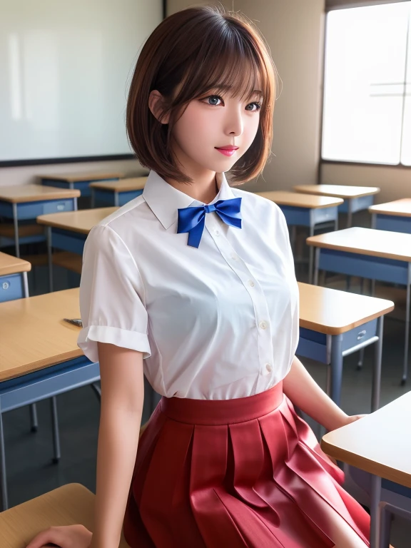 scornful,Looking down,Open mouth,8K,RAW portrait of (japanaese girl:1.3),80mm,超A high resolution,Best Quality,
break
From the bottom,((School uniform)),((Short sleeved shirt))((pleatedskirt))(Standing in the classroom)T、middlebreasts,short-hair、waved hair、(((Tied blonde)))、Slender eyes、a blond
(Natural Skin Texture,Detailed skin, Hyper-Realism,ultra sharpness),Intricate details,High resolution, Natural lighting、Korean Idol、Nogizaka Idol、slender、Slender beautiful legs、Provocative facial expressions、((Naughty girl))