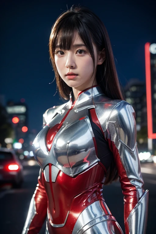 Ultraman、realistic、realistic、cinematic lighting, Girl in a shiny red and silver suit、、professional photos、Don&#39;Do not expose your skin, japanese model, japanese cgi、Ultraman Suit、, Power Rangers Suit、tight and thin cyber suit,Whole body rubbery、There&#39;s pink There、 delicate body, big breasts、small ass、thin thighs、thin arms、thin waist、camel toe、Both sides of the cyber suit stick to the skin、Big eyes、black short hair、facing the front、facing the front立っている、A glowing sphere is embedded in the chest.、Essay Examination、 blue sky background