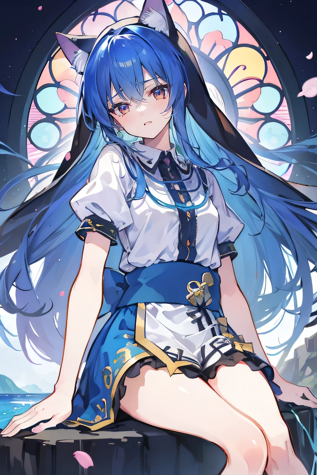 (masterpiece:1.2),Extremely detailed,Practical,expressive eyes,Fair skin,Perfect face shaping,1 Girl,
Japanese cartoons,Gorgeous blue hair, the long flowing blue hair,Floating clothes,Cat ears,Petals fall,beautiful lola,Young Angel,
Place your hands on your waist,sit elegantly on the ground,Cross your legs,Gentle and peaceful background,stately church,nun,lie on the water.