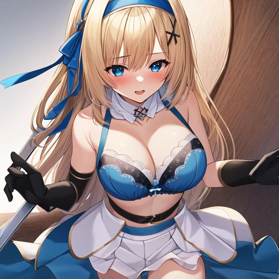 (masterpiece, best quality:1.2), 1girl, solo, blond hair, blue hairband, blue hair ribbon on the left, white-blue bra, black gloves, knight skirt, Solid color background