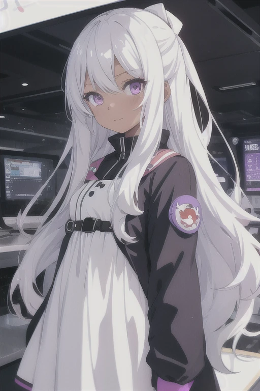 One girl, Long Hair, computer_Chan,  Little:1.5, one piece, White Dress,  Silver Hair,  Purple eyes, Dark Skin, White Background,  (whole body:1.2),  (Mischievous:1.2),