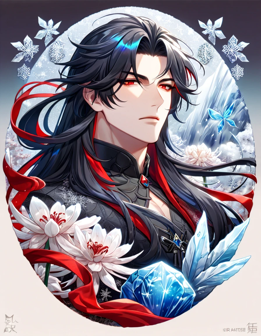 (absurdres, highres, ultra detailed, HDR) master piece, best quality, Blade, black long hair, without bangs, expressive red eyes, honkai star rail, solo, sexy man, handsome, black clothes, patterns, magical fantasy, ice butterflies, glittering, sparkling, winter, snowing, snowflakes, ice spider lilies, gemstones