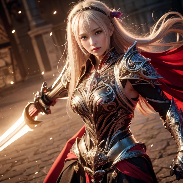 beautiful lady, subtle makeup, photorealistic, high contrast, 8k HD, detailed, hyper-detailed, realistic skin texture, perfect anatomy, perfect female body,
long hair, white hair, big breast, glowing blue eyes, perfect nose, best quality, ultra high res, raw photo, diffuse glow, full body white knight armor, cape, holding sword,
stylish pose, medieval theme