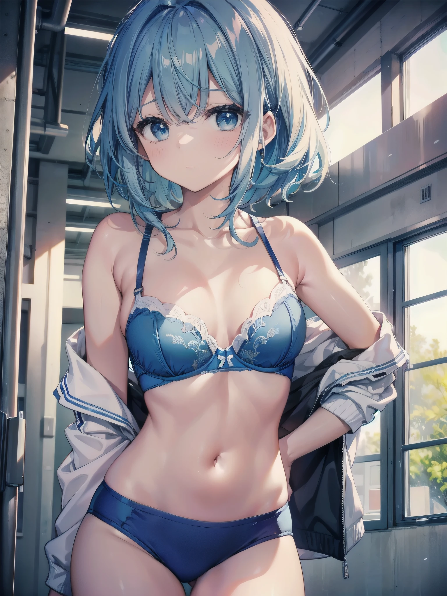 This is the high school gym.、 in underwear、lob hair、White and cobalt blue bra