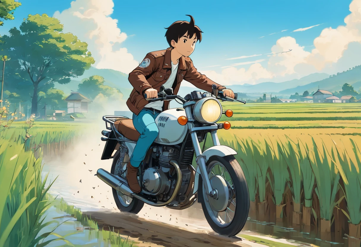 Tintin, male wearing dark brown leather jacket, white t-shirt and brown cargo pants, slick and neat short black hair, riding a motorcycle, herge, european comics, rice paddy fields,