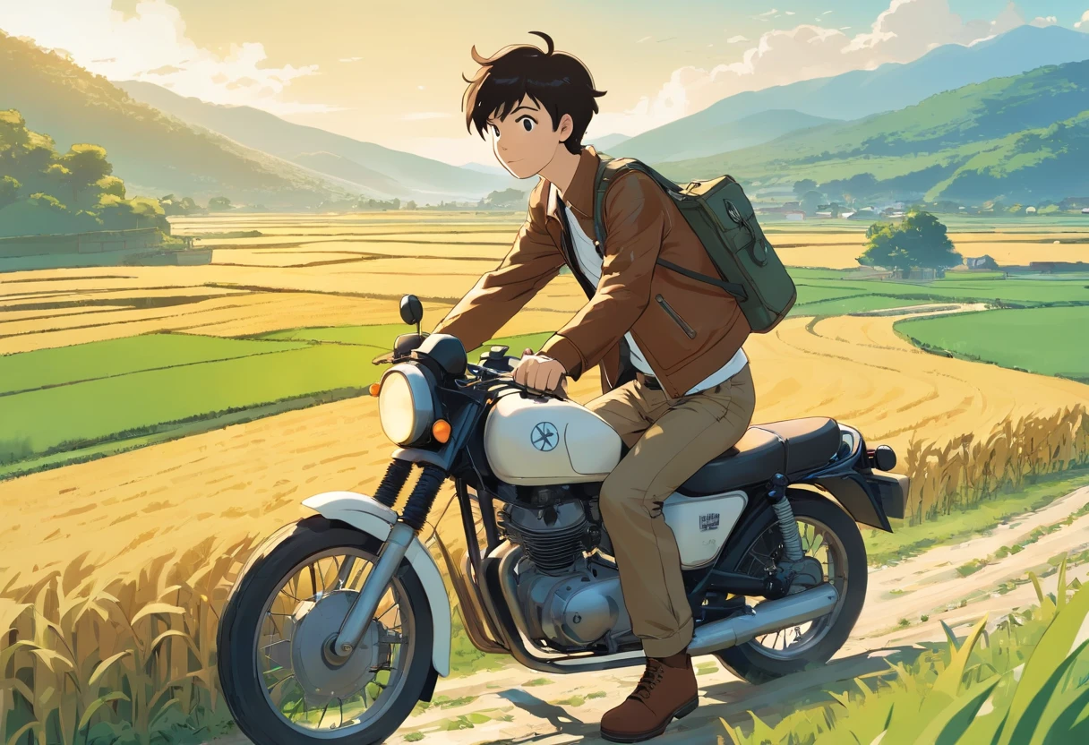Tintin, male wearing dark brown leather jacket, white t-shirt and brown cargo pants, slick and neat short black hair, riding a motorcycle, herge, european comics, rice paddy fields,