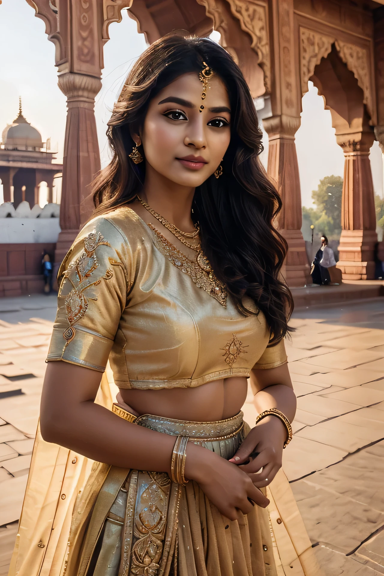 A charming indian woman, with an elegant posture and incomparable beauty, is wearing prescription glasses. Her soft dimples and realistic expression lines add authenticity. Her skin is illuminated by the sun's rays, highlighting her beauty. She is dressed in long, sophisticated clothes. In the background is The India Gate background features a majestic monument set against a backdrop of lush greenery and vibrant cityscape, embodying the rich history and cultural heritage of New Delhi, To capture this extraordinary scene, a high-resolution camera such as the Phase One XF IQ4 150MP is required. The lighting is diffused and natural, minimizing harsh shadows. The camera settings include a medium aperture, adjusted shutter speed, and a high-quality wide-angle lens with a focal length of approximately 35mm to capture the entire scene in an immersive way. Sharp, precise details are captured, from wavy hair to complex clothing patterns, ensuring a natural and stunning image.
