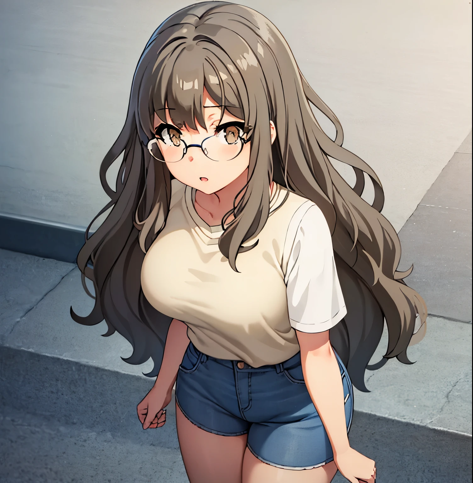 1 girl, alone, futaba river, masterpiece, best quality, realistic, (facing viewer: 1.2), front, point of view (from below), exterior, city, street, standing, detailed background, heavy breathing, blush nose, ( perky: 1.1), long hair, brown hair, brown eyes, glasses, masterpiece, ultra detailed, sexy body, huge breasts, medium waist, wide hips, medium thighs, round butt, (tight beige blouse: 1.4 ), short sleeves, off-the-shoulder neckline, exposed waist, (blue shorts: 1.4), brown shoes, perfect anatomy, perfect hands