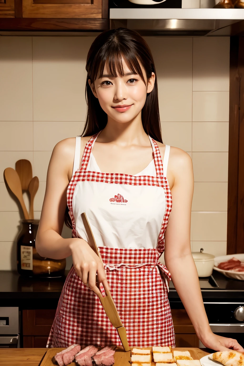 Medium Size Display, Medium Shot, Written boundary depth, bust, Upper Body, Movie angle, masterpiece, highest quality, Very detailed, CG, 8k wallpaper, Beautiful Face, Delicate eyes, Otome, alone, smile, Red Apron、Grilling meat