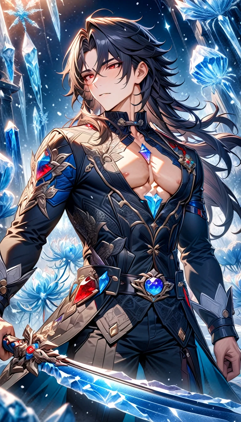 (absurdres, highres, ultra detailed, HDR) master piece, best quality, Blade, black long hair, without bangs, expressive red eyes, honkai star rail, solo, sexy man, handsome, toned chest, black clothes, patterns, magical fantasy, ice butterflies, glittering, sparkling, winter, snowing, snowflakes, ice spider lilies, gemstones
