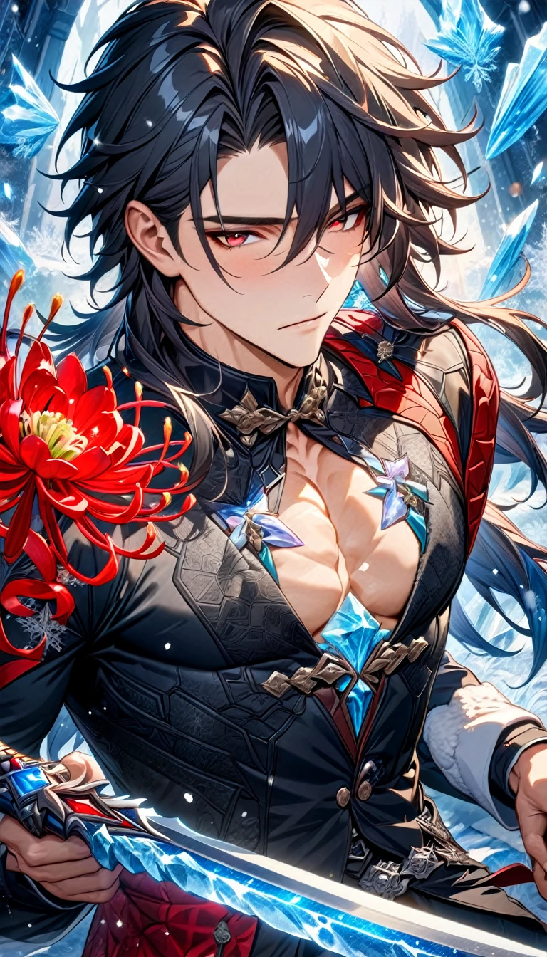 (absurdres, highres, ultra detailed, HDR) master piece, best quality, Blade, black long hair, without bangs, expressive red eyes, honkai star rail, solo, sexy man, handsome, toned chest, black clothes, patterns, magical fantasy, ice butterflies, glittering, sparkling, winter, snowing, snowflakes, ice spider lilies, gemstones