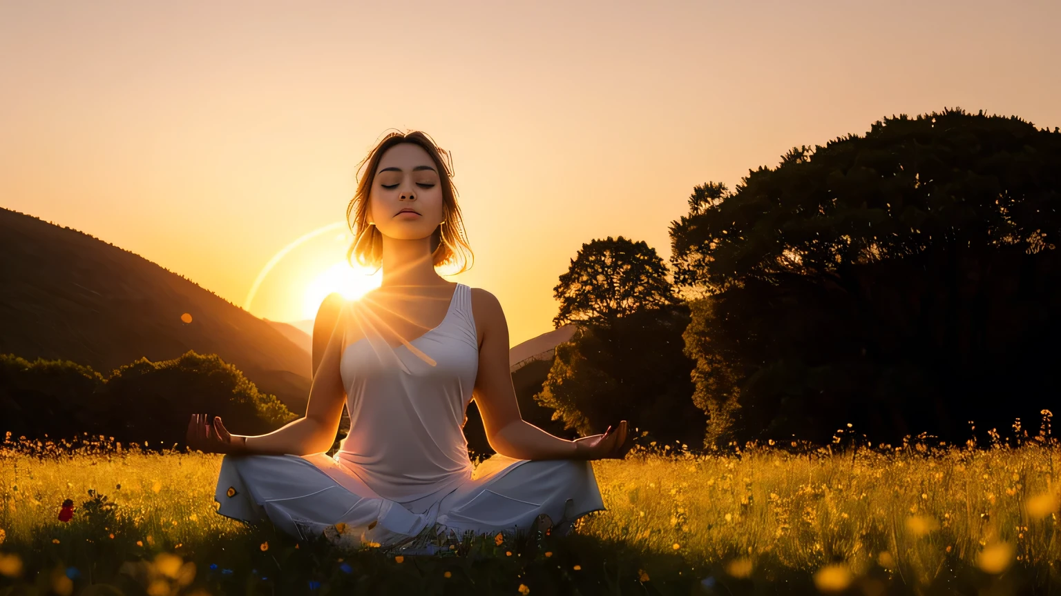 A woman in her late thirties, with a serene and radiant face, is seen meditating in a breathtaking golden hour-lit field. A spiritual awakening symbol, intricately crafted and glowing with vibrant colors, is emerging from the top of her head, adding an ethereal touch to the scene. The woman's body is detailed, showcasing her flexible posture during meditation, and her facial features are finely detailed, exuding a sense of inner peace.

The background is a nature landscape of lush green grasses and wildflowers, bathed in the warm, vibrant hues of the setting sun. The cinematic composition captures the woman