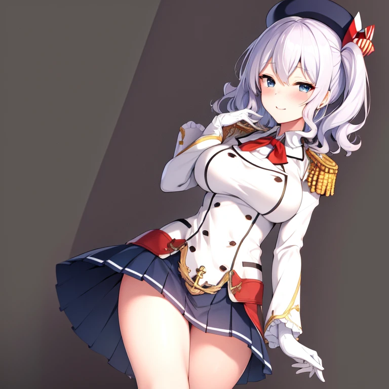 (masterpiece, best quality:1.2),giggle,A hand touched his chest,illustration,8K,HD,1 girl,solitary,portrait,blush,white hair,blue eyes,curls,Double tail,Berets,Epaulettes,Ruffled sleeves,Jacket,Large Breasts,Long sleeve,,mini skirt,Pleated Skirt,Red tie,White gloves,anchor,Solid color background