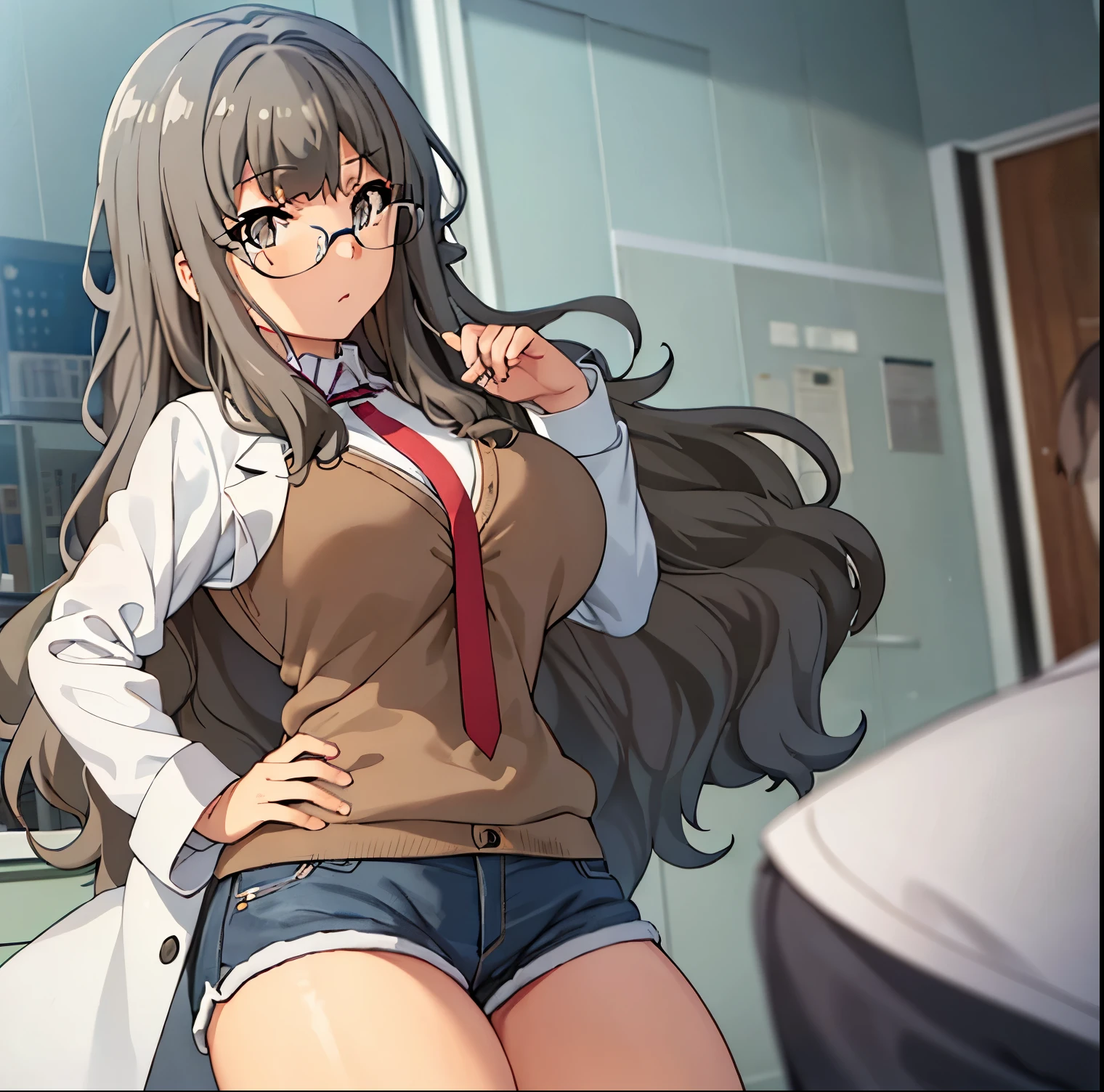 1girl,alone,rio futaba,masterpiece,best quality,realistic, (facing viewer: 1.2), front, pov (from below), indoors, chemistry room, detailed background, heavy breathing, blushing nose, (cheerful:1.1), long_hair, brown_hair, brown_eyes, glasses, Masterpiece,sexy body,ultra detailed,huge breasts, medium waist, wide hips, medium thighs, round butt , White coat, open coat, black shirt, tank top, neckline, blue shorts, short shorts, perfect anatomy, perfect hands