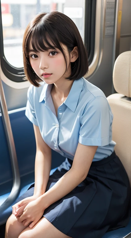 Japanese Girls, 18-year-old girl, short hair, Black Hair, bangs, Brown eyes, Perfect figure, Transparency, Gloss, Gloss, Modest chest, , Navy blue ribbon, Light blue shirt, Navy Blue Skirt, Light joy, Luminous body, Idol Sculpture, in the train, Beautiful feet, Strong sunlight, Promiscuous woman